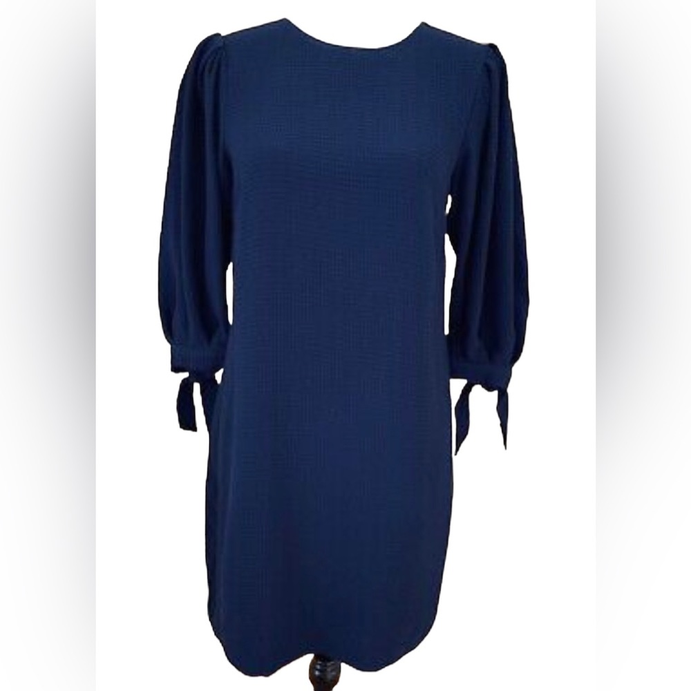 🍁Fall Trend Alert🍁H&M Navy Shift Dress Pleated Puff Sleeve & wrist Tie Sz 4